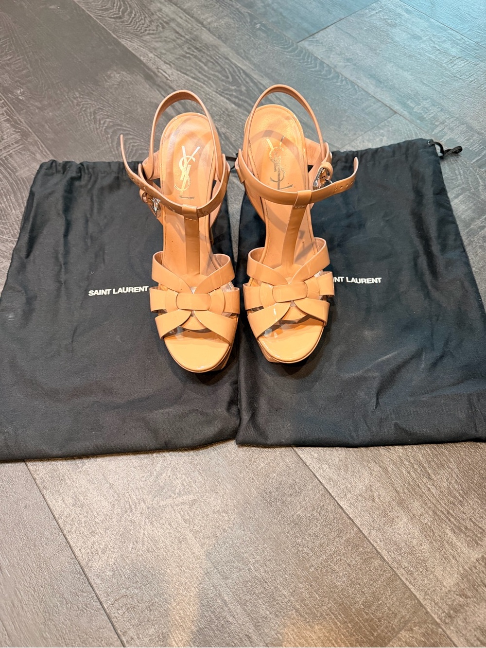 Saint Laurent Tan Leather Knot-Strap Platform Heels